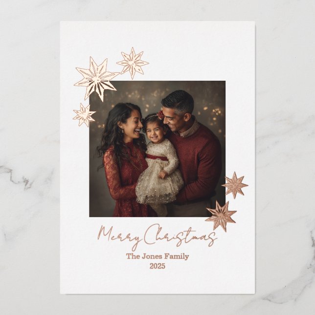 Minimalist Rose Gold Foil Merry Christmas 1 Photo Holiday Card (Front)
