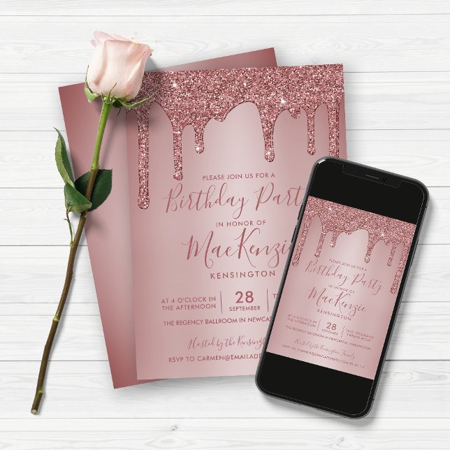 Minimalist Rose Gold Glitter Drips Birthday Invitation (Creator Uploaded)