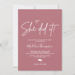 Minimalist Rose Gold Heart She did it Graduation Invitation