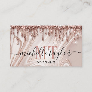Minimalist rose gold marble drips monogram business card