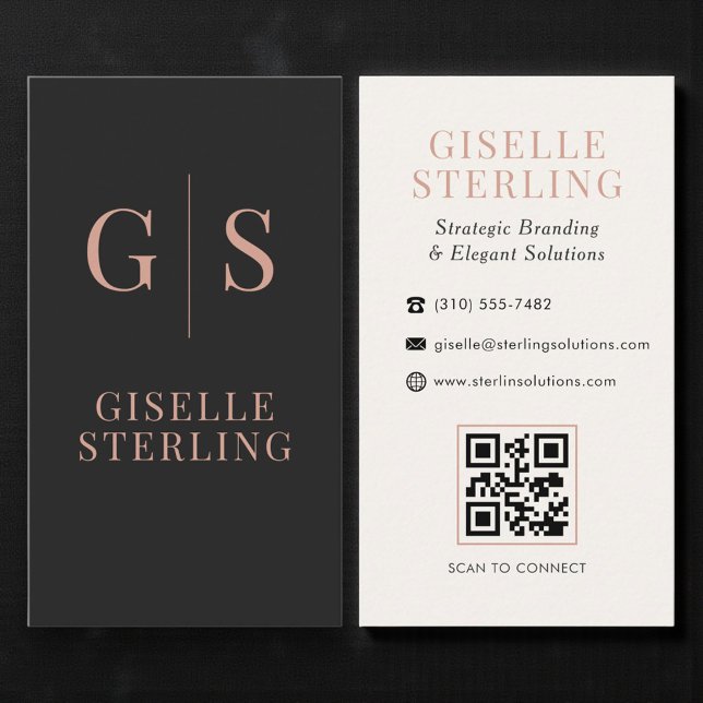Minimalist Rose Gold Monogram Black QR Code Business Card (Creator Uploaded)