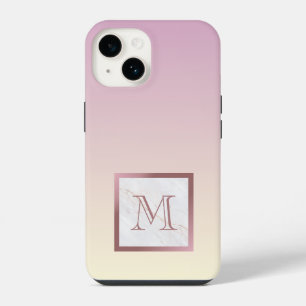 Minimalist Rose Gold Monogram Marble Purple Ombre iPhone 14 Case
