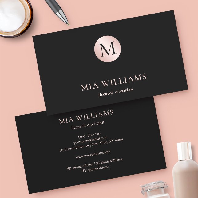 Minimalist Rose Gold on Black Monogram Typography Business Card (Creator Uploaded)