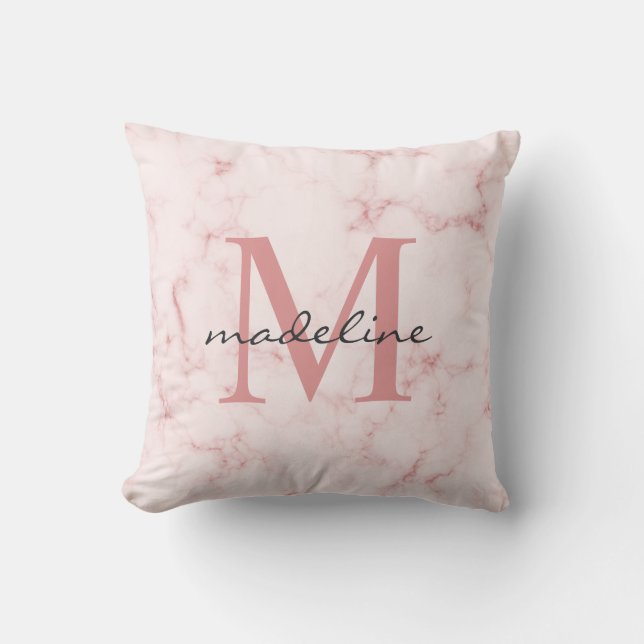 Minimalist Rose Gold Pink Marble Monogram Cushion (Front)