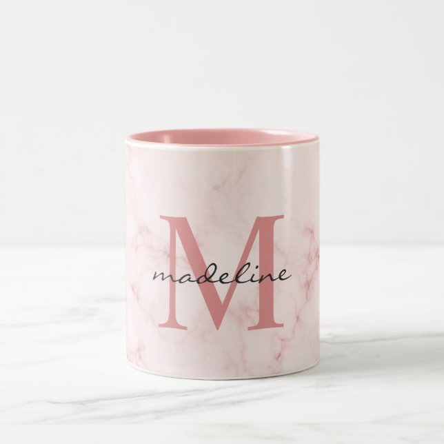 Minimalist Rose Gold Pink Marble Monogram Two-Tone Coffee Mug (Center)