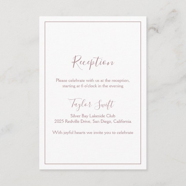 Minimalist Rose Gold Reception Card (Front)