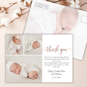 Minimalist Rose Gold Script Baby Photo Thank You P Postcard