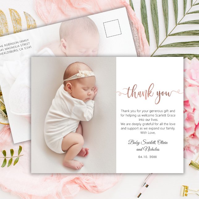 Minimalist Rose Gold Script Baby Photo Thank You Postcard (Creator Uploaded)