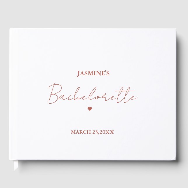 Minimalist Rose Gold Script Bachelorette Party Guest Book (Front)