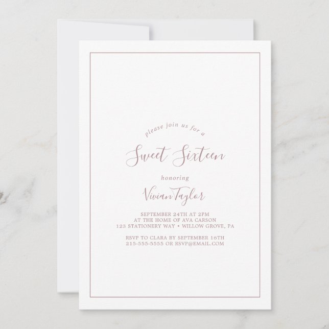 Minimalist Rose Gold Sweet Sixteen Birthday Invitation (Front)