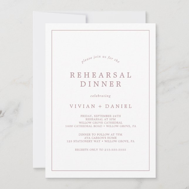Minimalist Rose Gold Typography Rehearsal Dinner Invitation (Front)