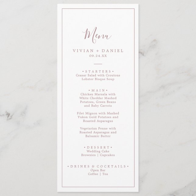 Minimalist Rose Gold Wedding Dinner Menu (Front)