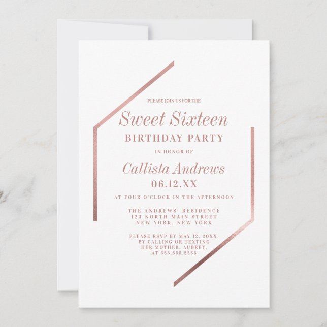 Minimalist Rose Gold White Geo Frame Sweet 16 Invitation (Front)