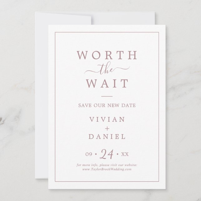 Minimalist Rose Gold Worth the Wait Covid Wedding Save The Date (Front)