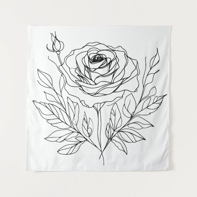 minimalist rose one line art drawing in black tapestry (Front)