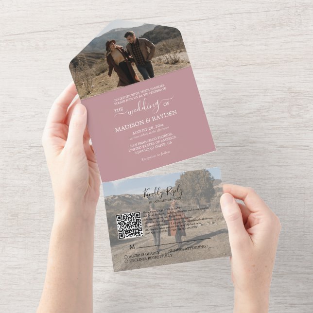 Minimalist Rose Pink QR Code RSVP Wedding All In One Invitation (Tearaway)