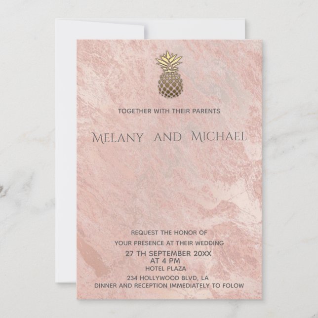 Minimalist rosegold marble gold pineaapple invitation (Front)