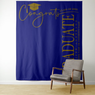 Minimalist Royal Blue & Gold Congrats Graduate Tapestry