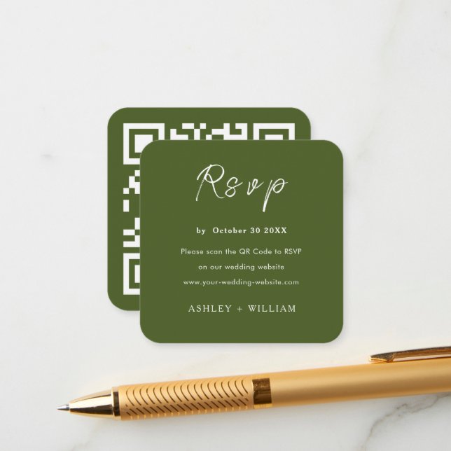 Minimalist Rsvp Website Qr Code Moss Green Wedding Enclosure Card (Front/Back In Situ)