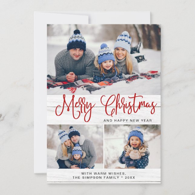 Minimalist Rustic 4 PHOTO Merry Christmas Greeting Holiday Card (Front)