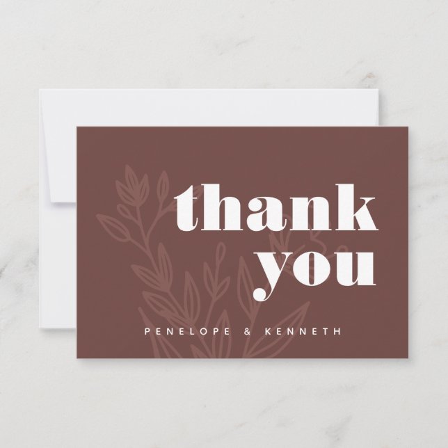 Minimalist Rustic Brown Floral Custom Wedding Thank You Card (Front)