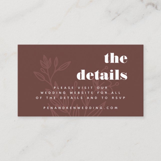 Minimalist Rustic Brown Floral Line Art Wedding  Enclosure Card (Front)