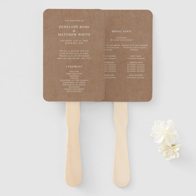 Minimalist Rustic Ceremony Program Hand Fan (Front and Back)