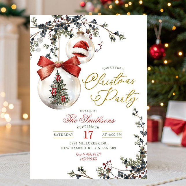 Minimalist Rustic Floral Baubles Christmas Party Invitation (Creator Uploaded)