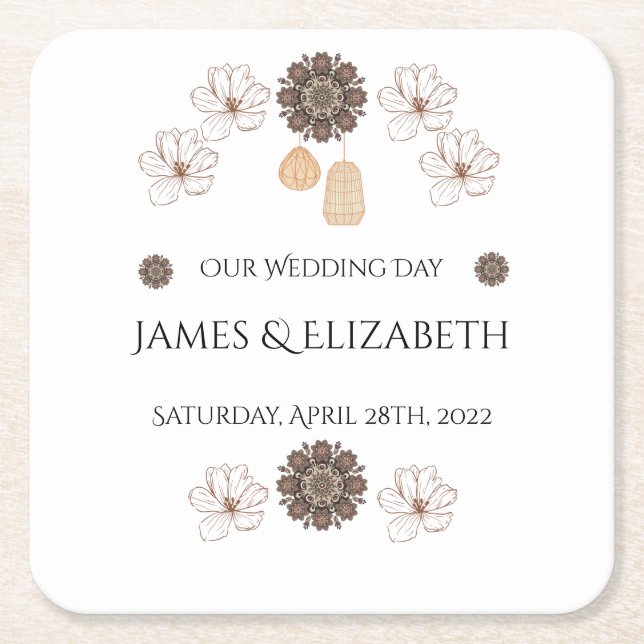 Minimalist Rustic Floral Boho Wedding  Square Paper Coaster (Front)