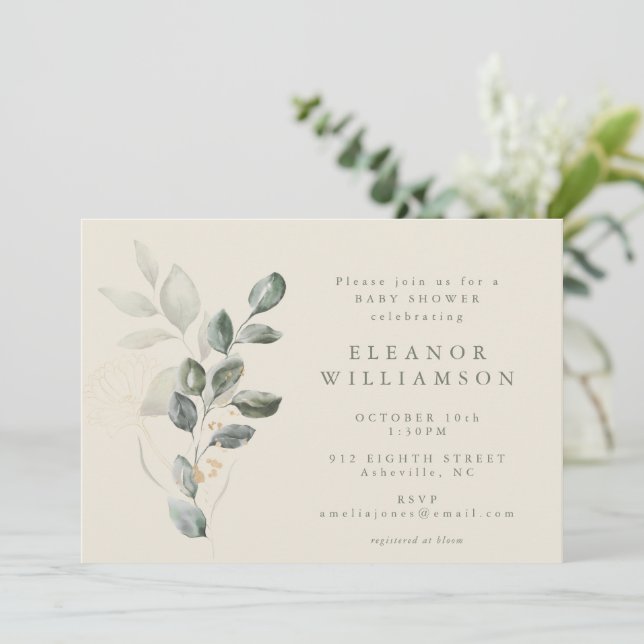 Minimalist Rustic Gold Greenery Baby Shower Invitation (Standing Front)