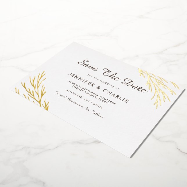 Minimalist Rustic Gold Leaves White Save The Date (Rotated)