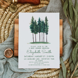 Minimalist Rustic Green Trees Baby Shower Invitation
