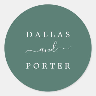 Minimalist Rustic Hunter Green Wedding Envelope Classic Round Sticker