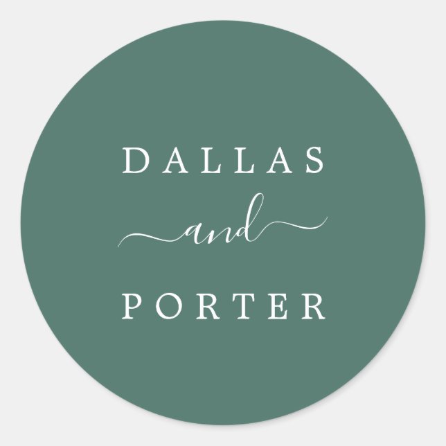 Minimalist Rustic Hunter Green Wedding Envelope Classic Round Sticker (Front)