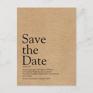 Minimalist Rustic Kraft Save the Date Definition Announcement Postcard