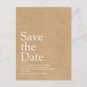 Minimalist Rustic Kraft Save the Date Definition Announcement Postcard
