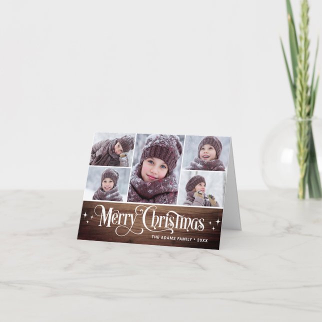 Minimalist Rustic Merry Christmas 5 PHOTOS Boho Holiday Card (Front)