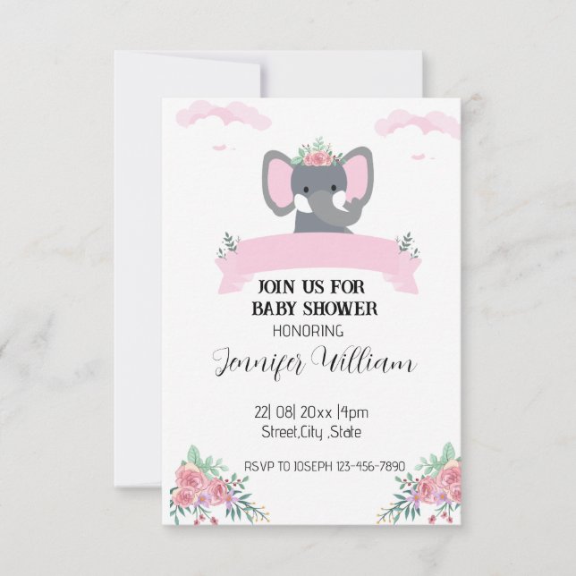 Minimalist Rustic Pink Floral Elephant Baby Shower Invitation (Front)