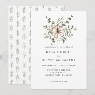 Minimalist Rustic Pumpkin and Green Leaves Wedding Invitation