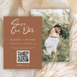 Minimalist Rustic Script QR Code Photo Save The Date<br><div class="desc">Less hassle, no missing mail when you invite your guests online with a QR code that sends them directly to your wedding website for additional details. The design features a minimalist, rustic terracotta colour creative with a modern very elegant calligraphy Save Our Date script. Easily replace with your own QR...</div>