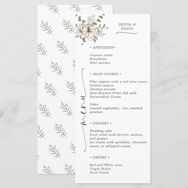 Minimalist Rustic Watercolor Pumpkin Fall Wedding Menu (Front/Back)