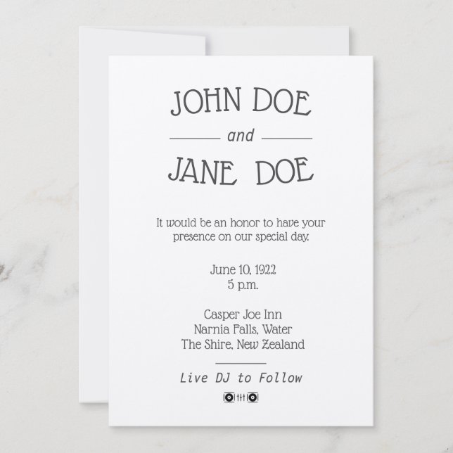 Minimalist Rustic Wedding Invitation with DJ Logos (Front)