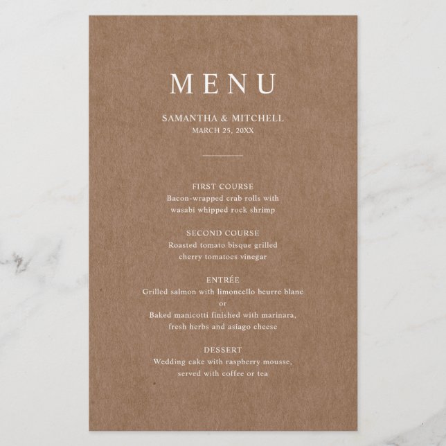 Minimalist Rustic Wedding menu card (Front)