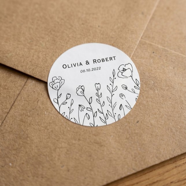 Minimalist Rustic Wildflower Wedding Classic Round Sticker (Creator Uploaded)