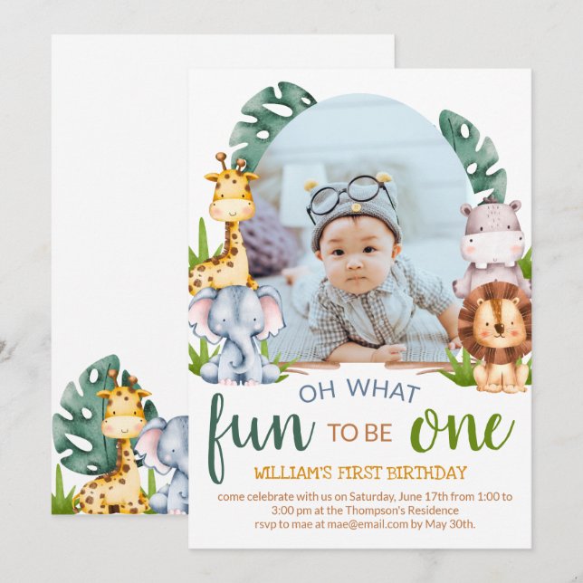 Minimalist Safari Animal Theme Photo Birthday Invitation (Front/Back)