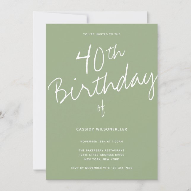 Minimalist Sage 40th Birthday Invitation (Front)
