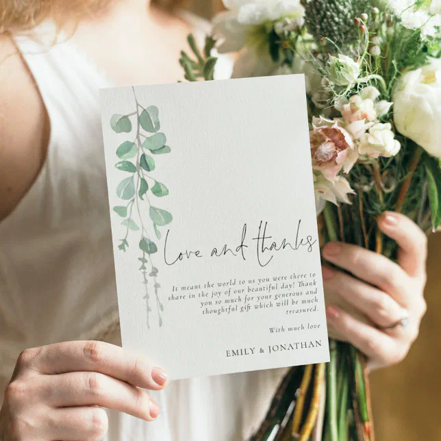 Minimalist Sage Eucalyptus Wedding Love Thanks Thank You Card | Zazzle