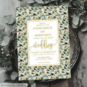 Minimalist sage gold eucalyptus wedding invitation