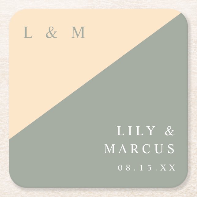 Minimalist Sage Green And Cream Monogram Wedding Square Paper Coaster (Front)