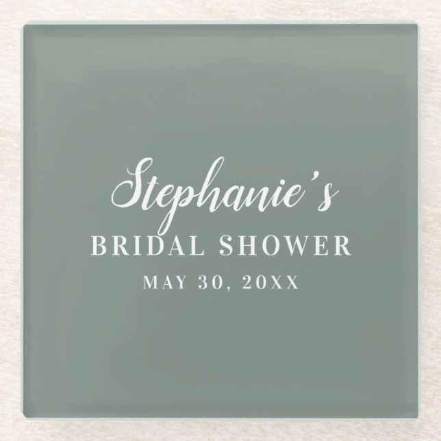 Minimalist Sage Green and White Bridal Shower      Glass Coaster (Front)